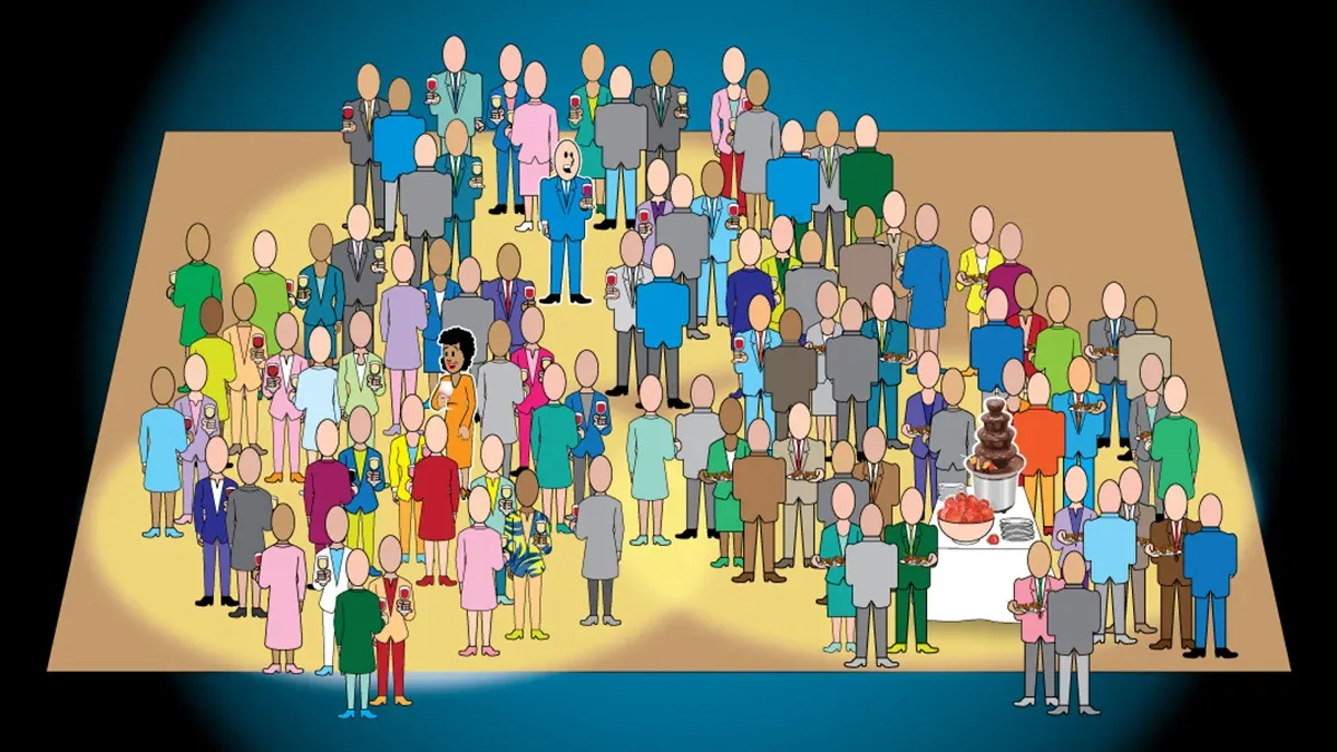 Illustration of group of faceless people and two people with visible faces
