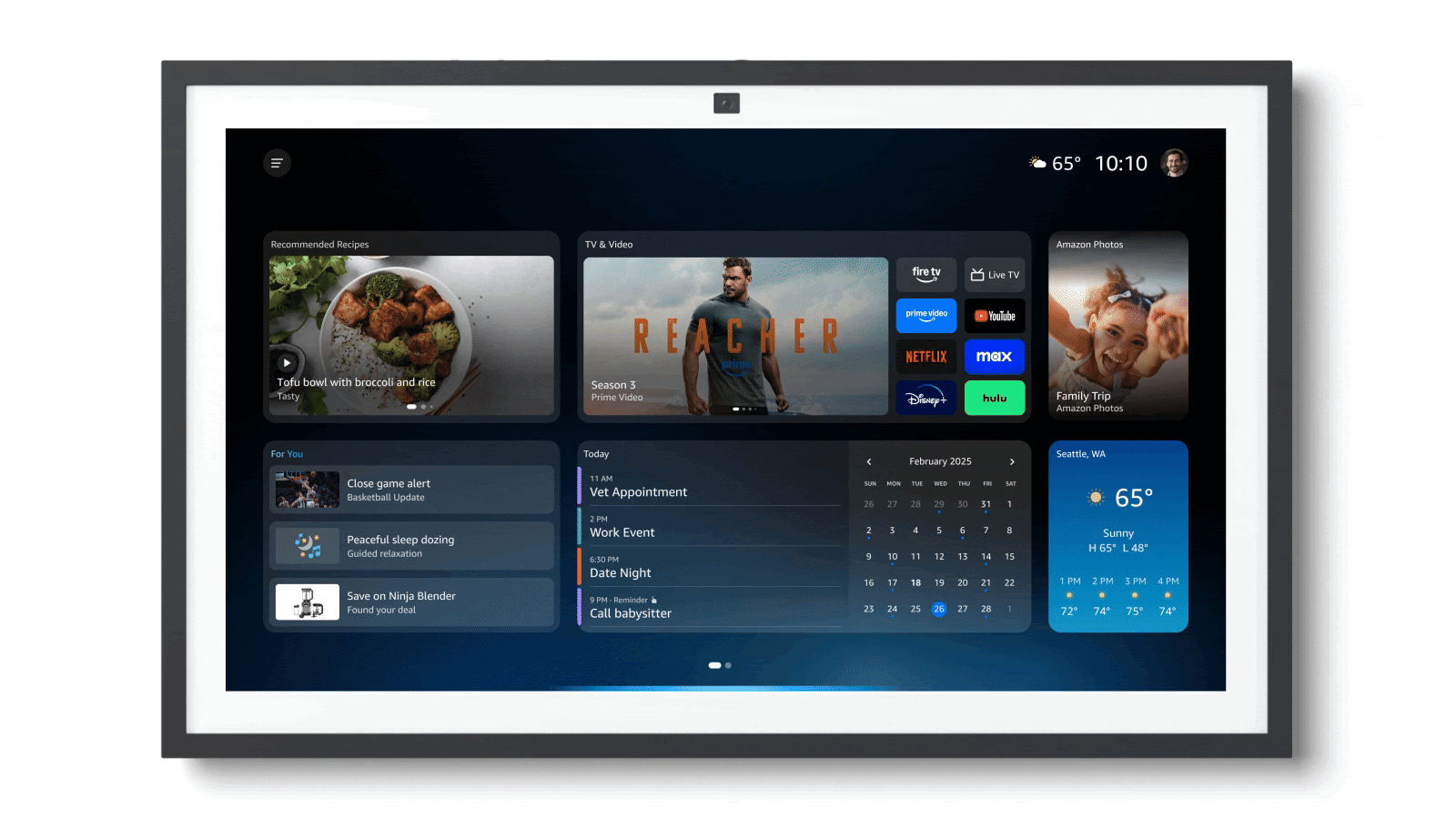 Amazon smart display with widgets for recipes, calendar, weather, events, and streaming (Prime Video, Netflix, Disney+).