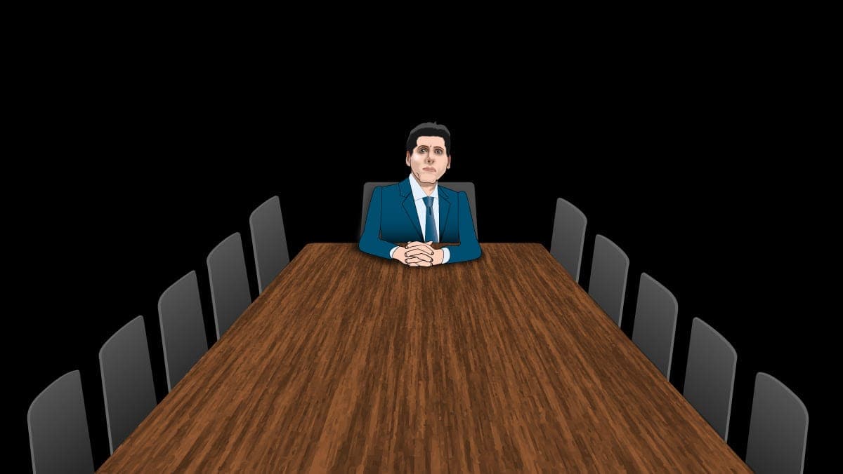 Illustration of a businessman in a blue suit sitting alone at the head of a long boardroom table with black chairs.