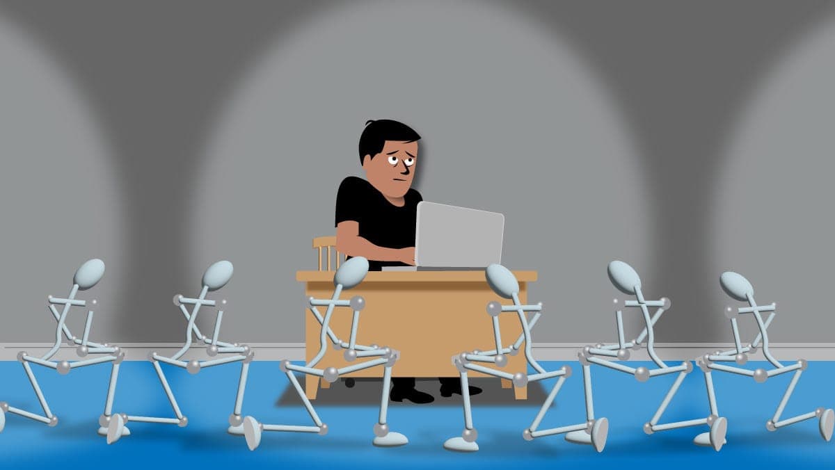 Man at desk overwhelmed by robot coworkers in office setting with city and tree views.