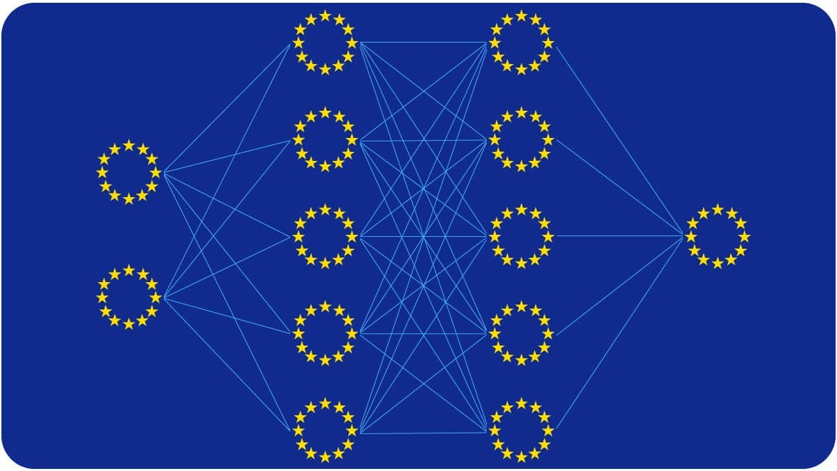 Neural network diagram using EU flag stars to represent nodes in input, hidden, and output layers on a blue background.