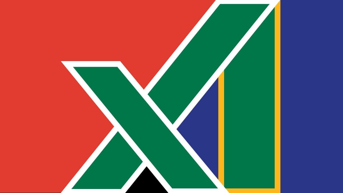 Colorful abstract geometric pattern with intersecting green 'X' and diagonal shapes on red, blue, and orange backgrounds, reminiscent of the South African flag