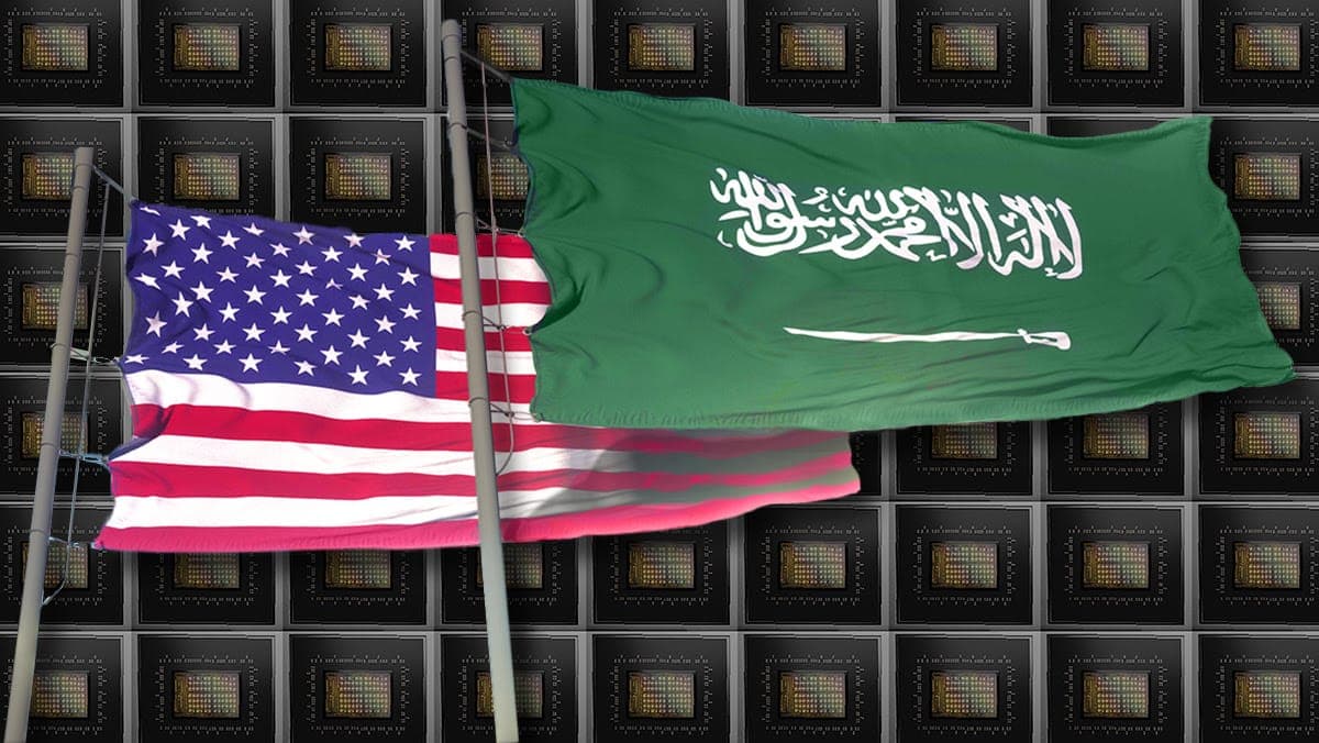 U.S. and Saudi flags waving against a microchip background