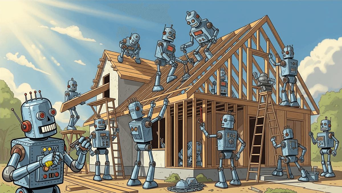 Robots building a wooden house frame under sunny sky. Teamwork, technology, and construction. Future automation in construction.